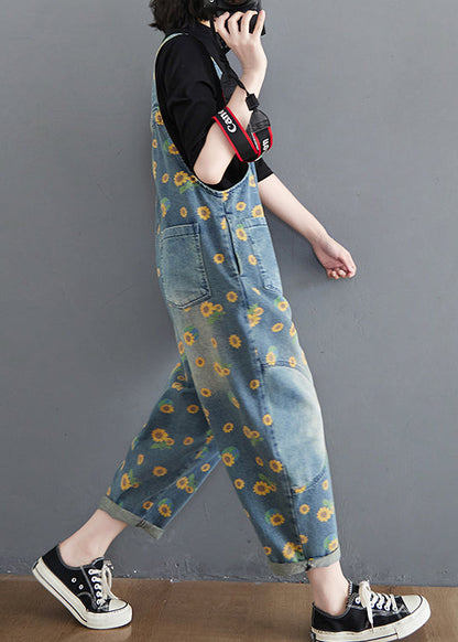 Casual Blue Daisy Patchwork Pockets Denim Jumpsuit Summer Ada Fashion