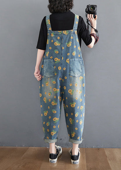 Casual Blue Daisy Patchwork Pockets Denim Jumpsuit Summer Ada Fashion