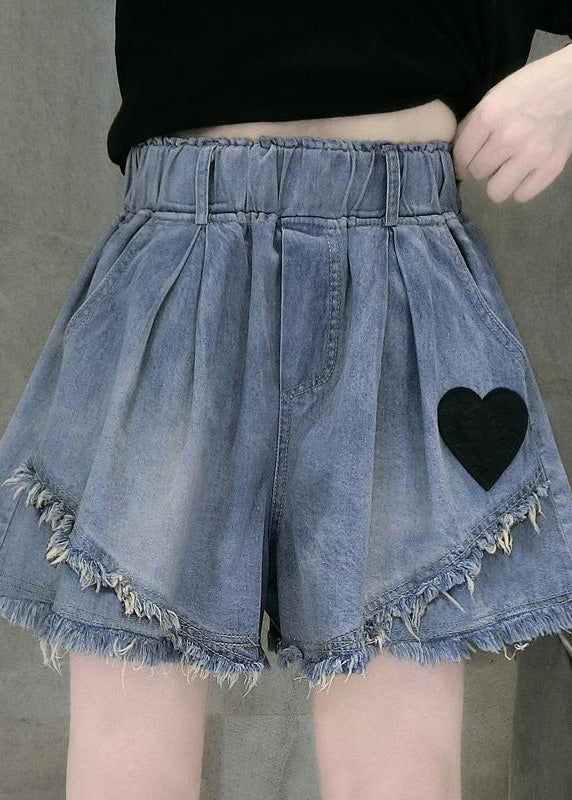 Casual Blue Elastic Waist Love Patchwork Shorts Jeans Summer TY1053