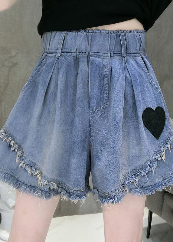 Casual Blue Elastic Waist Love Patchwork Shorts Jeans Summer TY1053