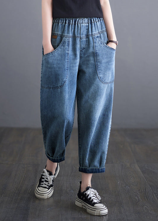 Casual Blue Elastic Waist Pockets Denim Harem Pants Summer Ada Fashion