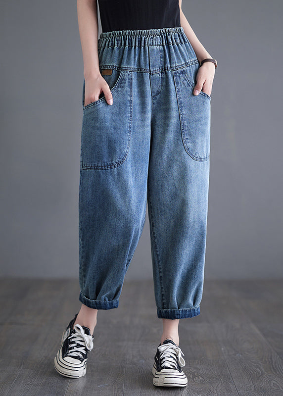 Casual Blue Elastic Waist Pockets Denim Harem Pants Summer Ada Fashion