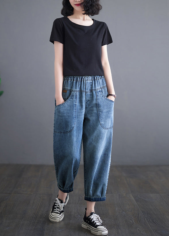 Casual Blue Elastic Waist Pockets Denim Harem Pants Summer Ada Fashion