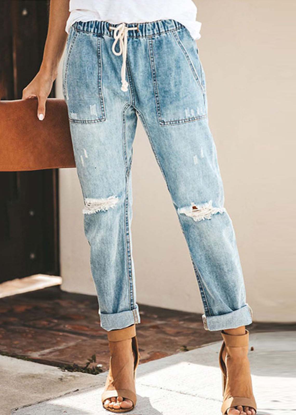 Casual Blue Elastic Waist Ripped Denim Harem Pants Summer LY4019 - fabuloryshop