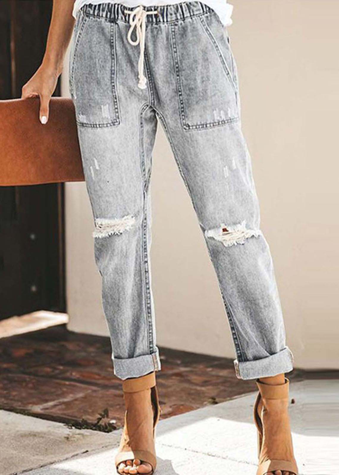 Casual Blue Elastic Waist Ripped Denim Harem Pants Summer LY4019 - fabuloryshop