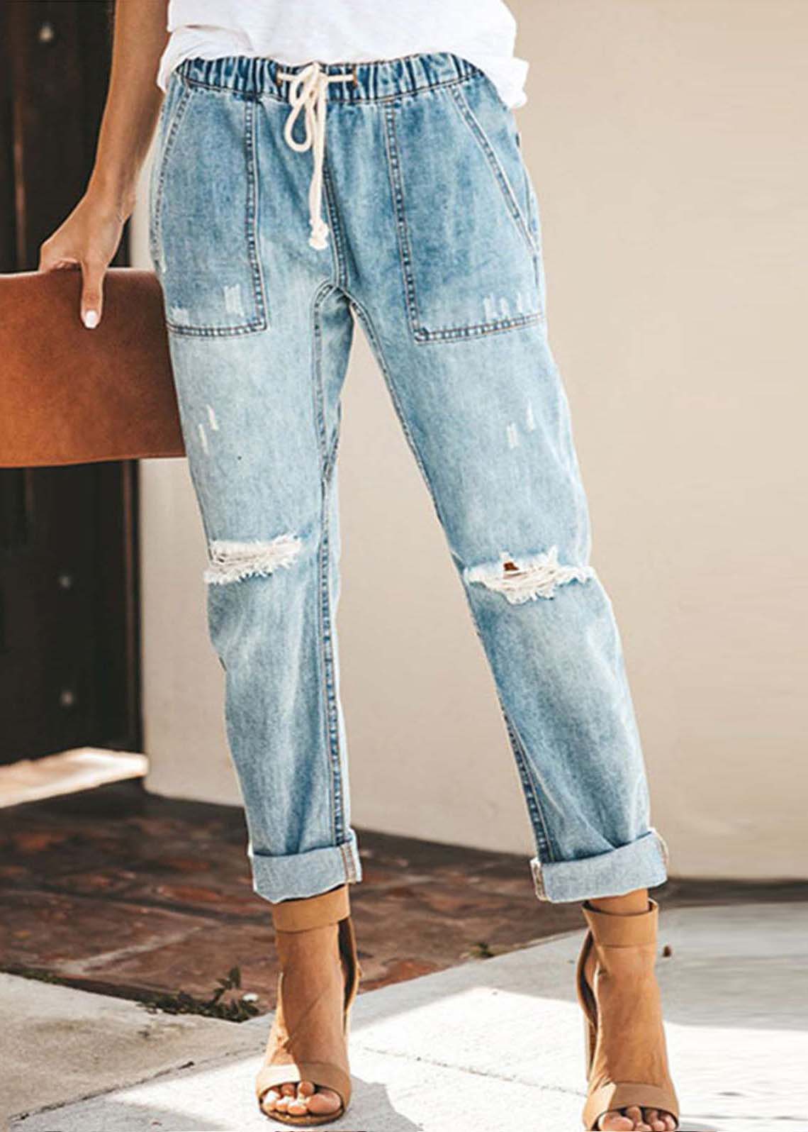 Casual Blue Elastic Waist Ripped Denim Harem Pants Summer LY4019 - fabuloryshop