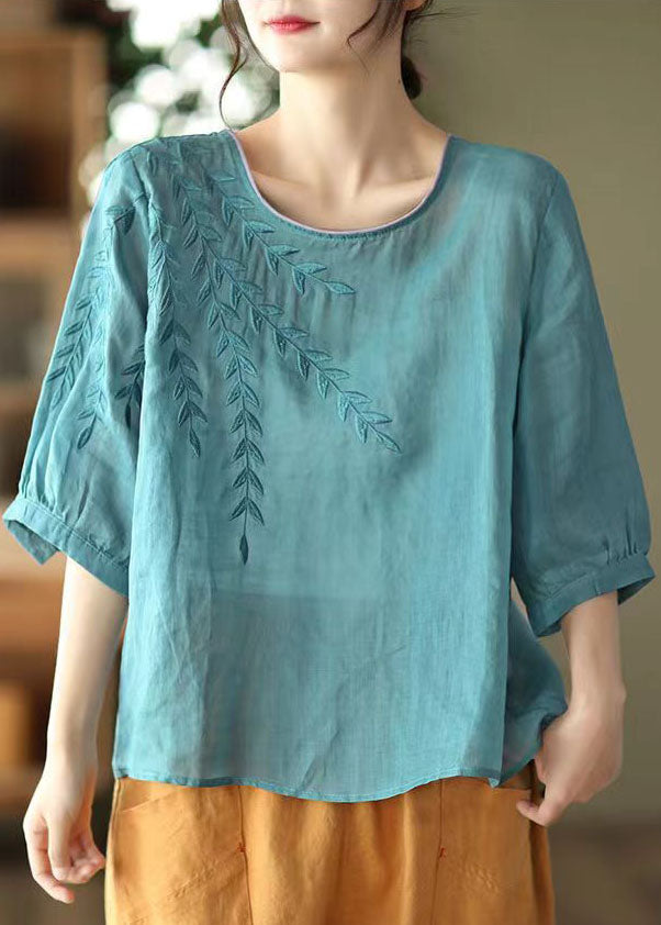 Casual Blue Embroideried Patchwork Cotton T Shirt Half Sleever Ada Fashion