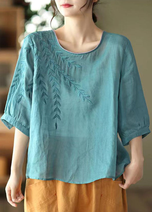 Casual Blue Embroideried Patchwork Cotton T Shirt Half Sleever Ada Fashion