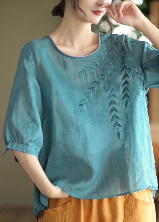 Casual Blue Embroideried Patchwork Cotton T Shirt Half Sleever Ada Fashion