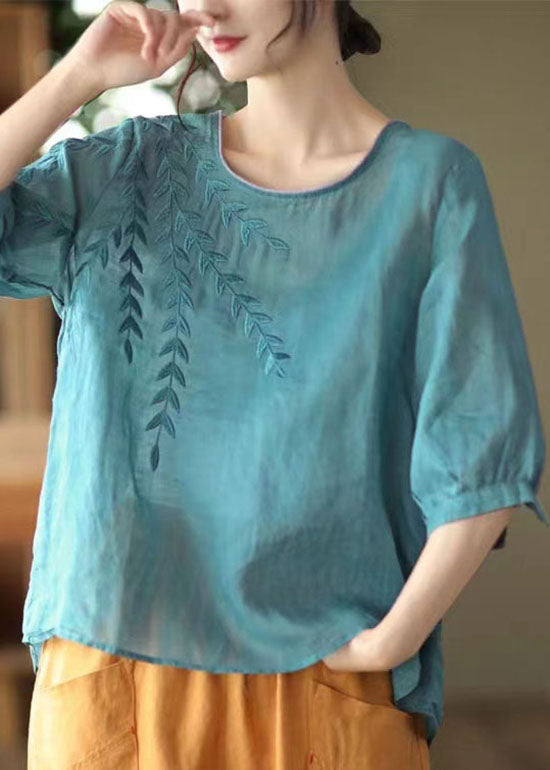 Casual Blue Embroideried Patchwork Cotton T Shirt Half Sleever Ada Fashion