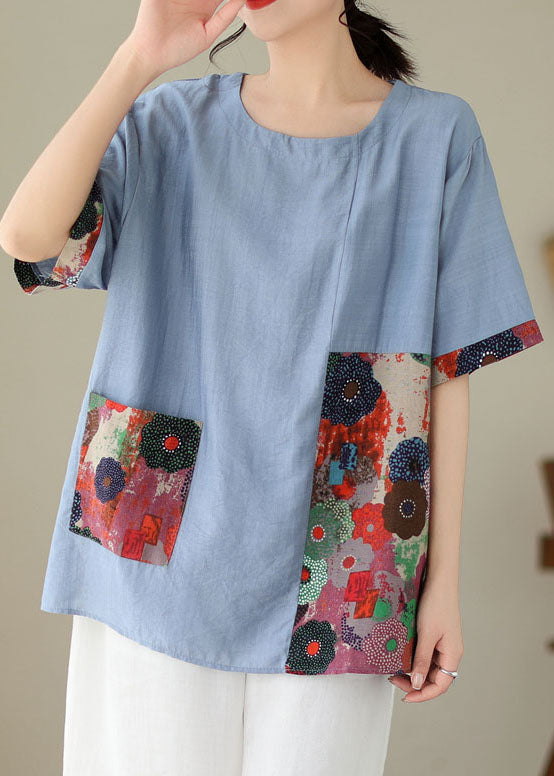 Casual Blue O Neck Print Patchwork Cotton T Shirt Summer LY3990 - fabuloryshop