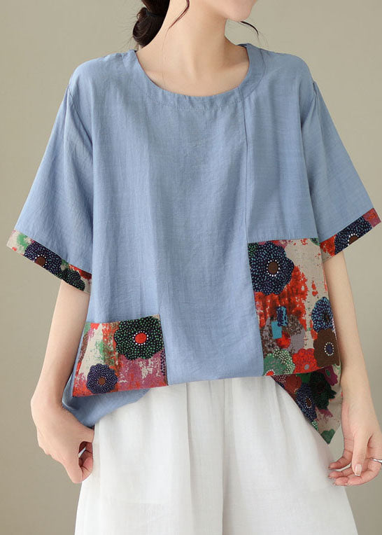 Casual Blue O Neck Print Patchwork Cotton T Shirt Summer LY3990 - fabuloryshop