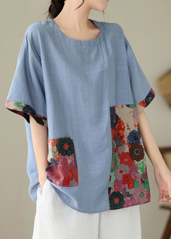 Casual Blue O Neck Print Patchwork Cotton T Shirt Summer LY3990 - fabuloryshop