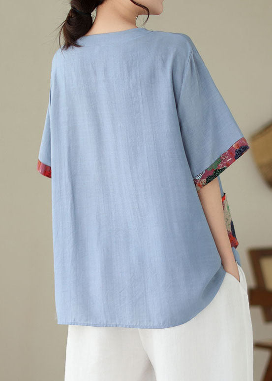 Casual Blue O Neck Print Patchwork Cotton T Shirt Summer LY3990 - fabuloryshop