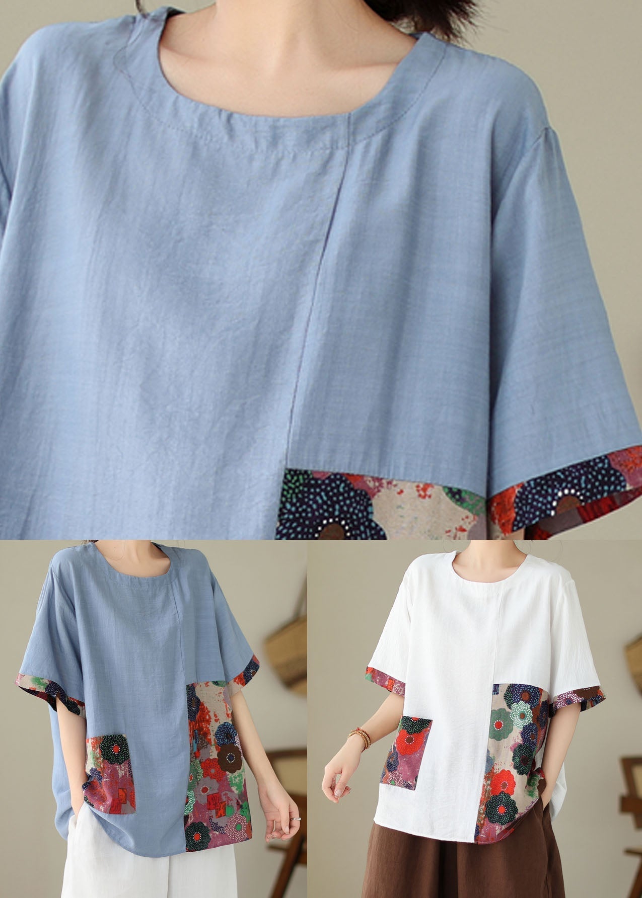 Casual Blue O Neck Print Patchwork Cotton T Shirt Summer LY3990 - fabuloryshop