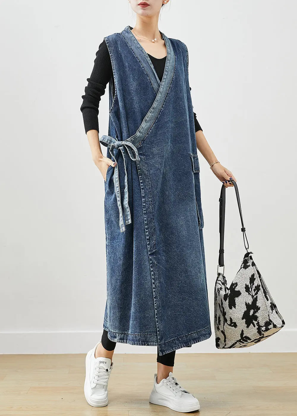 Casual Blue Oversized Lace Up Denim Long Vests Fall Ada Fashion