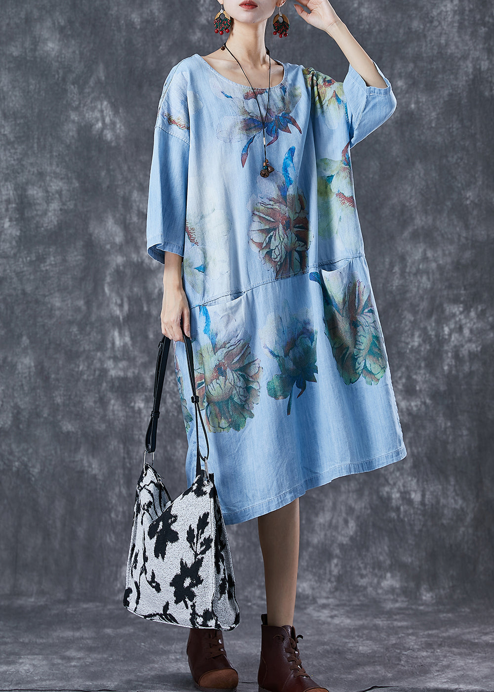 Casual Blue Oversized Patchwork Pockets Denim Party Dress Summer Ada Fashion