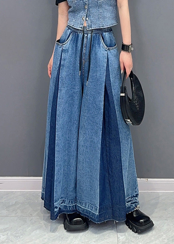 Casual Blue Patchwork Drawstring Elastic Waist Denim Wide Leg Pants Summer LY4347 - fabuloryshop