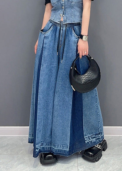 Casual Blue Patchwork Drawstring Elastic Waist Denim Wide Leg Pants Summer LY4347 - fabuloryshop