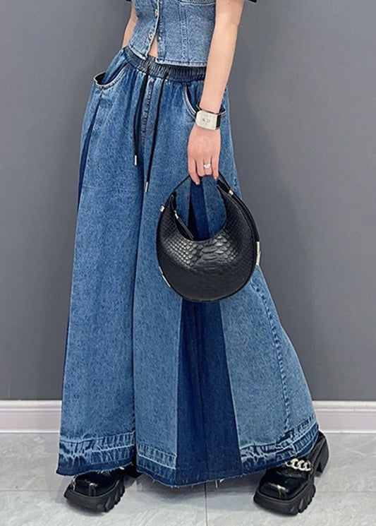 Casual Blue Patchwork Drawstring Elastic Waist Denim Wide Leg Pants Summer LY4347 - fabuloryshop