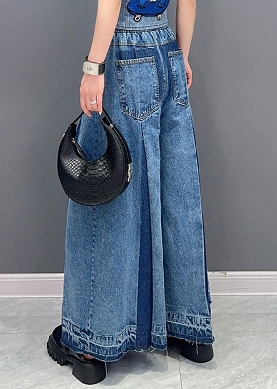 Casual Blue Patchwork Drawstring Elastic Waist Denim Wide Leg Pants Summer LY4347 - fabuloryshop