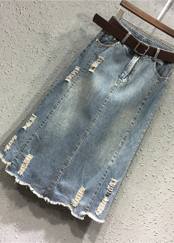 Casual Blue Patchwork Elastic Waist Sashes Denim A Line Skirts LY5209 - fabuloryshop