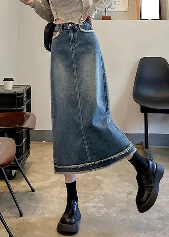 Casual Blue Patchwork High Waist Button Denim A Line Skirts LY7917 Ada Fashion