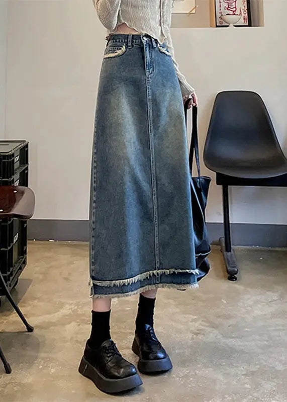 Casual Blue Patchwork High Waist Button Denim A Line Skirts LY7917 Ada Fashion