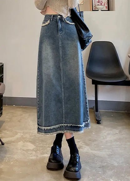 Casual Blue Patchwork High Waist Button Denim A Line Skirts LY7917 Ada Fashion