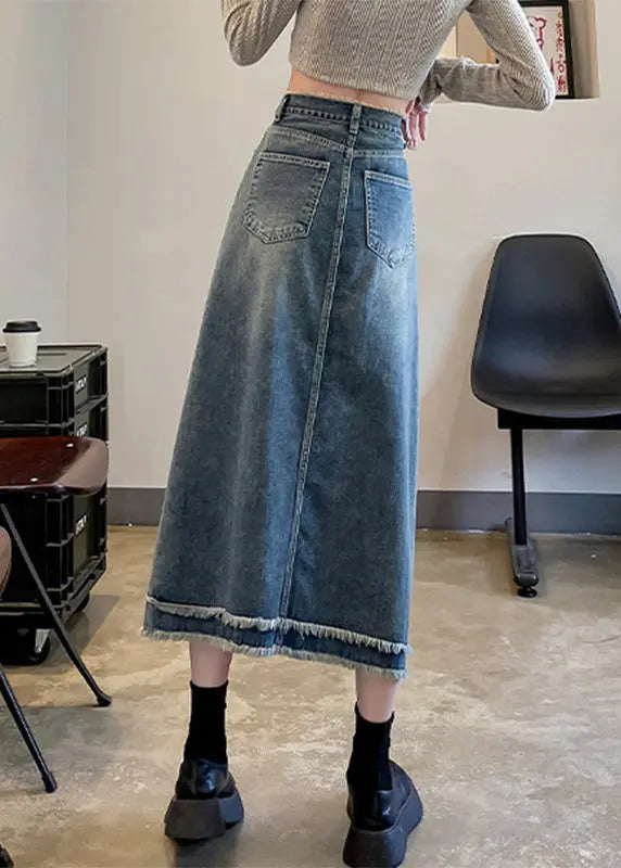 Casual Blue Patchwork High Waist Button Denim A Line Skirts LY7917 Ada Fashion