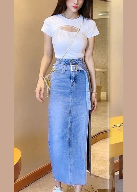 Casual Blue Patchwork Sashes Side Open Denim Maxi Skirt TY1082 - fabuloryshop