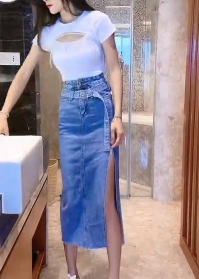 Casual Blue Patchwork Sashes Side Open Denim Maxi Skirt TY1082 - fabuloryshop