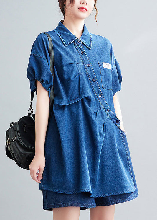 Casual Blue Peter Pan Collar Cotton Shirts And Shorts Two Pieces Set Summer LY0639 - fabuloryshop