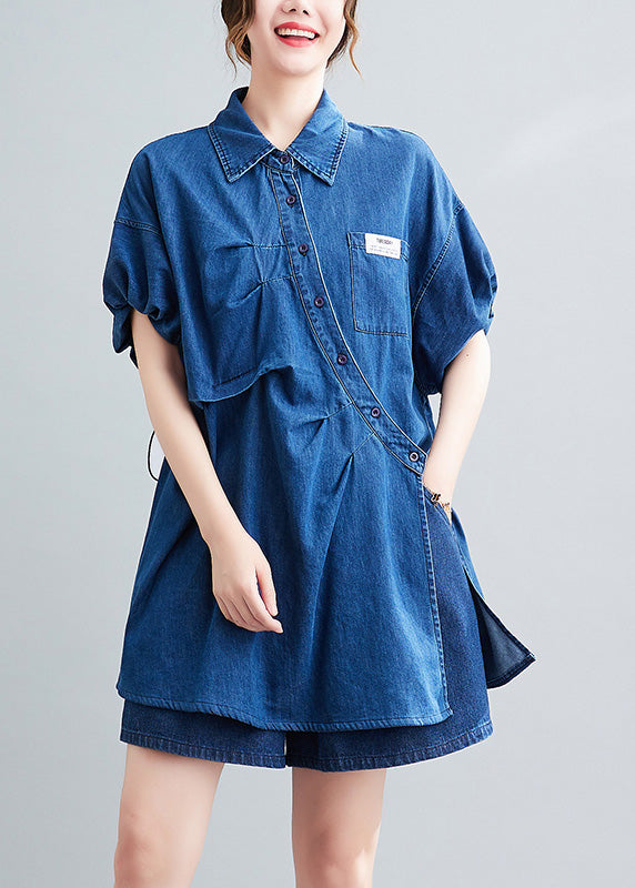 Casual Blue Peter Pan Collar Cotton Shirts And Shorts Two Pieces Set Summer LY0639