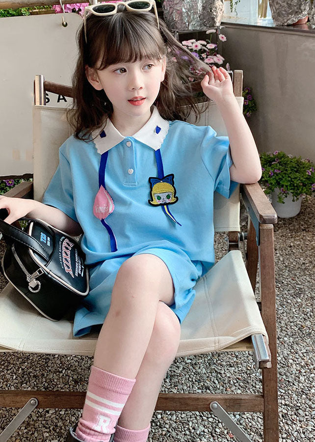 Casual Blue Peter Pan Collar Patchwork Cotton Kids Girls Two Piece Set Summer LY5514 - fabuloryshop