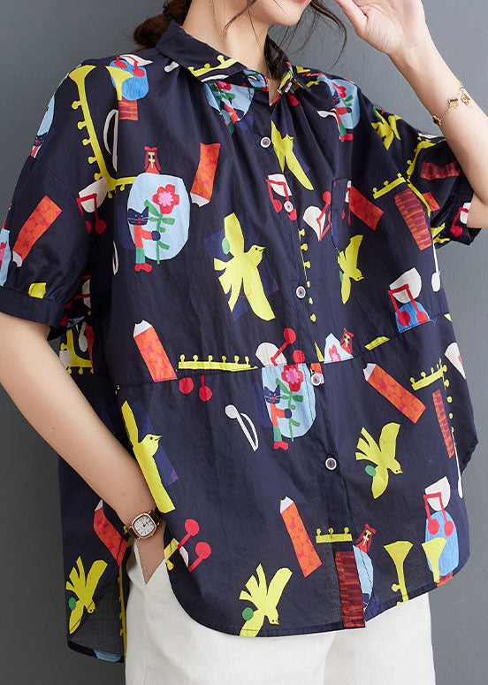 Casual Blue Peter Pan Collar Print Patchwork Cotton Shirts Top Summer LY3967 - fabuloryshop