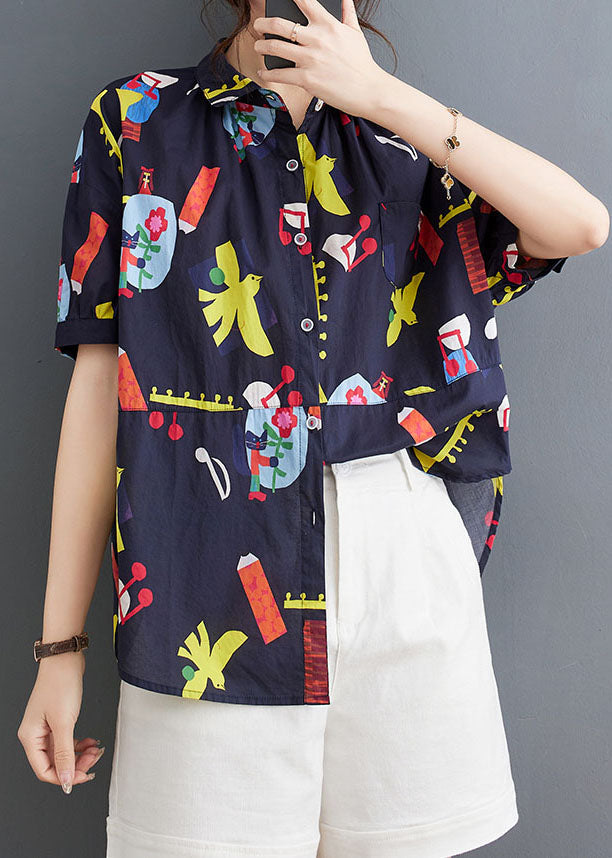 Casual Blue Peter Pan Collar Print Patchwork Cotton Shirts Top Summer LY3967 - fabuloryshop