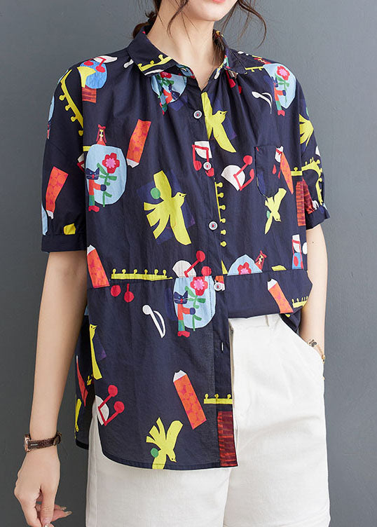 Casual Blue Peter Pan Collar Print Patchwork Cotton Shirts Top Summer LY3967 - fabuloryshop