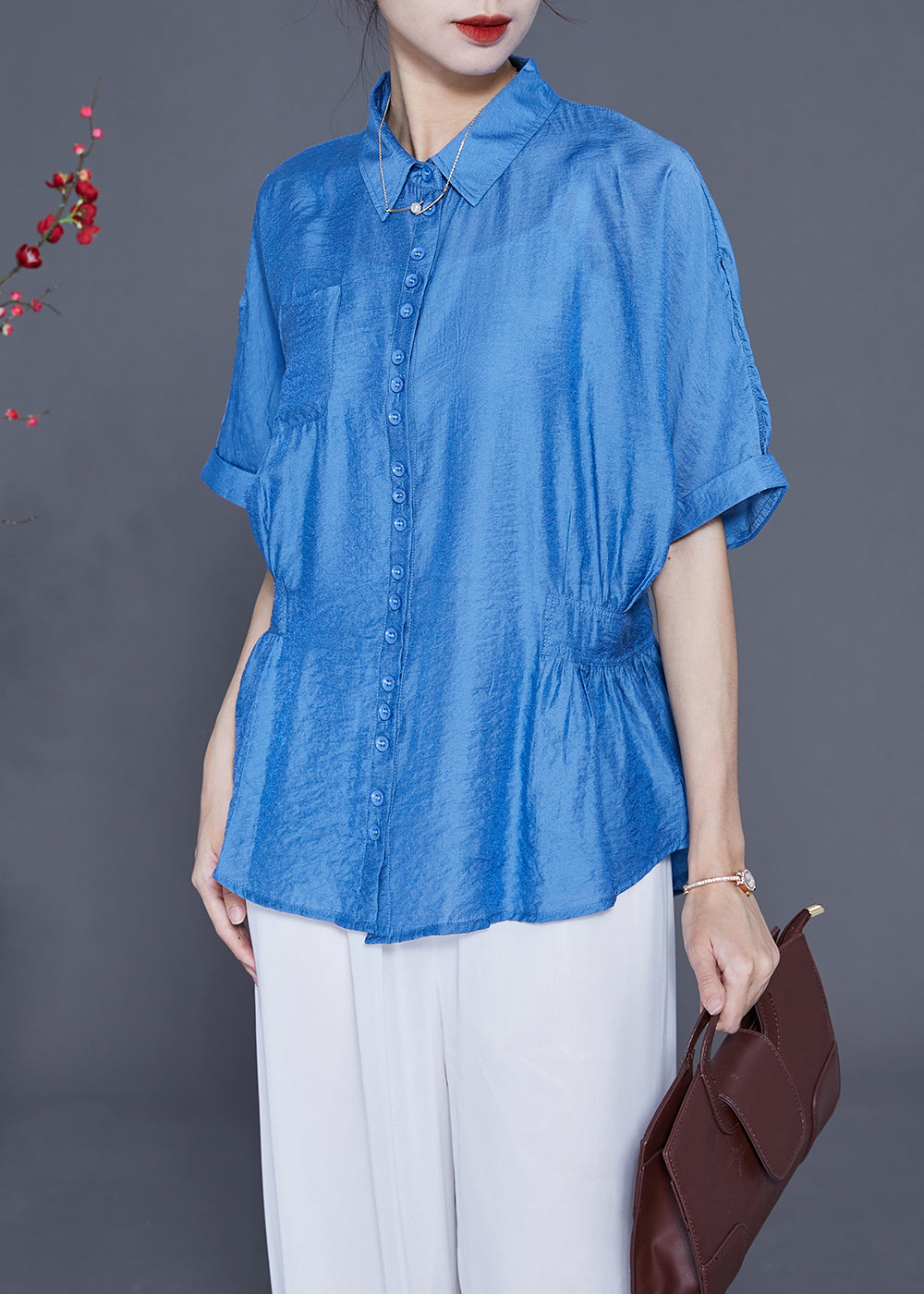 Casual Blue Peter Pan Collar Wrinkled Silk Shirt Tops Summer LY2411 - fabuloryshop