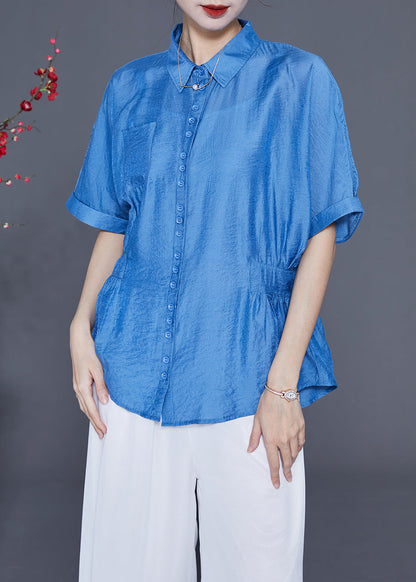 Casual Blue Peter Pan Collar Wrinkled Silk Shirt Tops Summer LY2411 - fabuloryshop