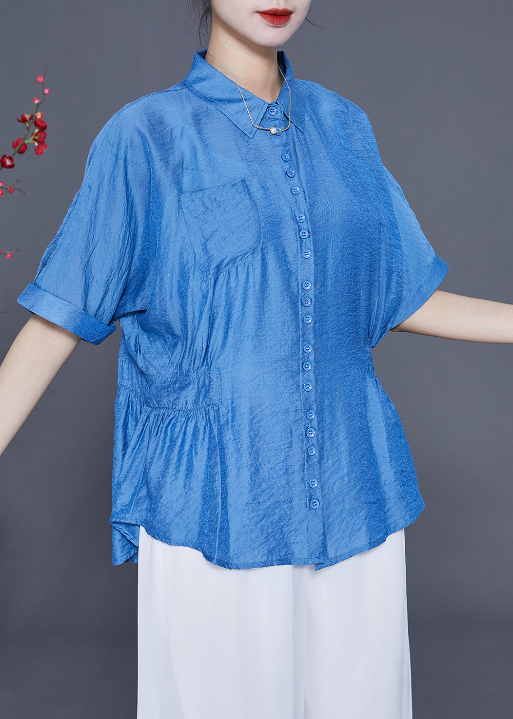 Casual Blue Peter Pan Collar Wrinkled Silk Shirt Tops Summer LY2411 - fabuloryshop
