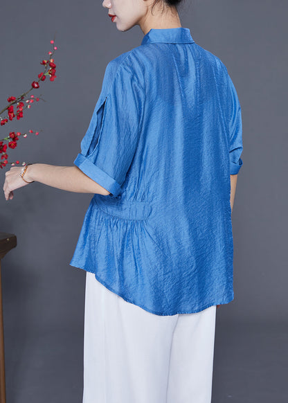 Casual Blue Peter Pan Collar Wrinkled Silk Shirt Tops Summer LY2411 - fabuloryshop