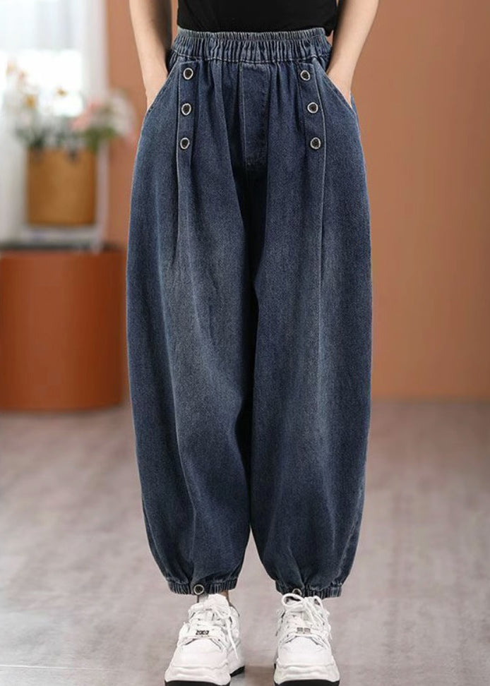 Casual Blue Pockets Elastic Waist Denim Pants Fall Ada Fashion