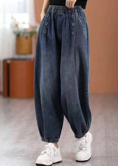 Casual Blue Pockets Elastic Waist Denim Pants Fall Ada Fashion