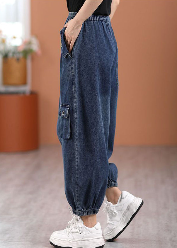 Casual Blue Pockets Elastic Waist Denim Pants Fall Ada Fashion