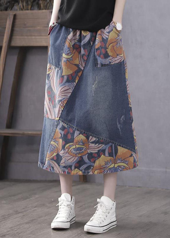 Casual Blue Pockets Print Patchwork Elastic Waist Denim Skirt Spring LY4628 - fabuloryshop