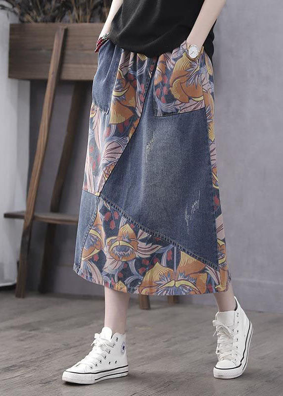 Casual Blue Pockets Print Patchwork Elastic Waist Denim Skirt Spring LY4628 - fabuloryshop