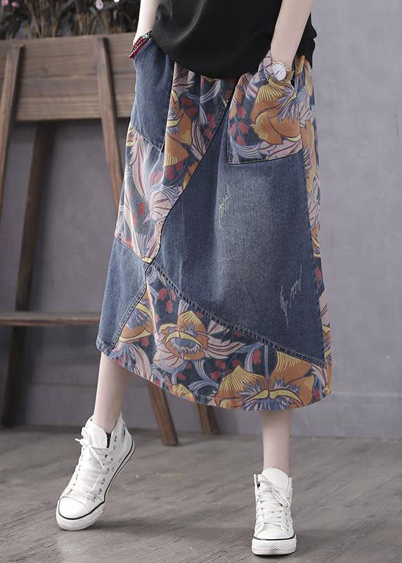 Casual Blue Pockets Print Patchwork Elastic Waist Denim Skirt Spring LY4628 - fabuloryshop