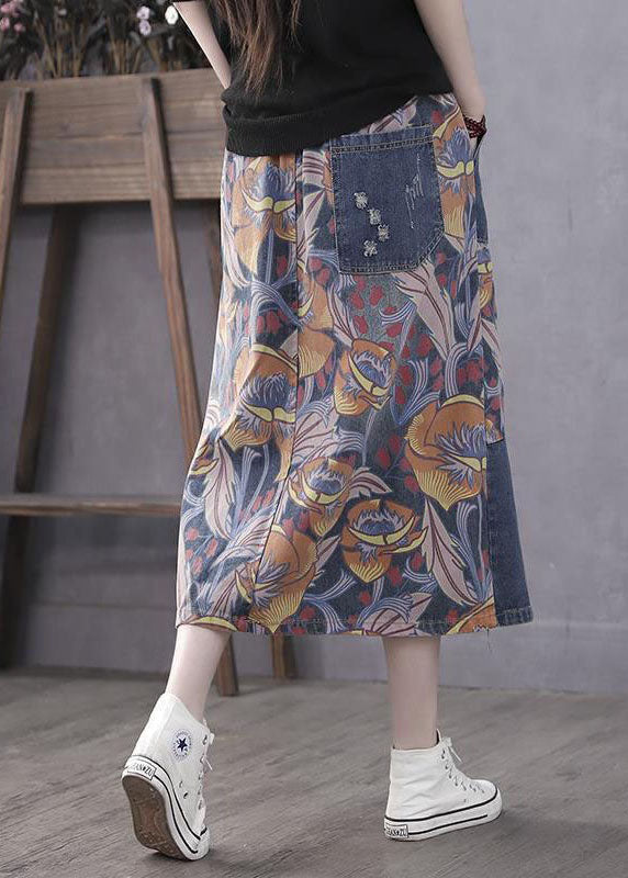 Casual Blue Pockets Print Patchwork Elastic Waist Denim Skirt Spring LY4628 - fabuloryshop