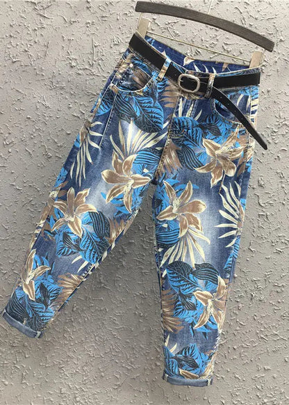 Casual Blue Print High Waist Sashes Harem Pants Ada Fashion